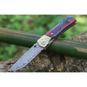 Copper Damascus wood folding knife with axis UD407781