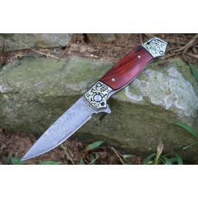 Rosewood and copper  handle Damascus fodling knife UD407782