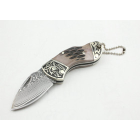 High Quality OEM Damascus Steel Keychain Pocket Knife Gift Knives with Brass + Bone Handle UDTEK01209 