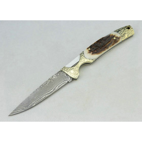 OEM Damascus Steel backlock Folding Collection Knife with Antler + Brass Handle UDTEK01304