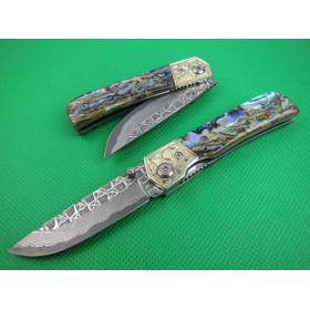 Damascus colorful Abalone folding knife UDTEK01951