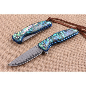 Blue bird Damascus folding knife with Abalone handle UD404496