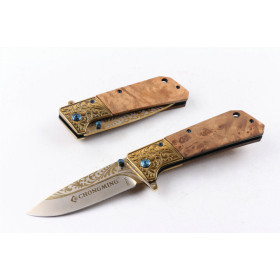Chong Ming C71 fast opening folding knife with wood handle（golden Titanium）UD404913